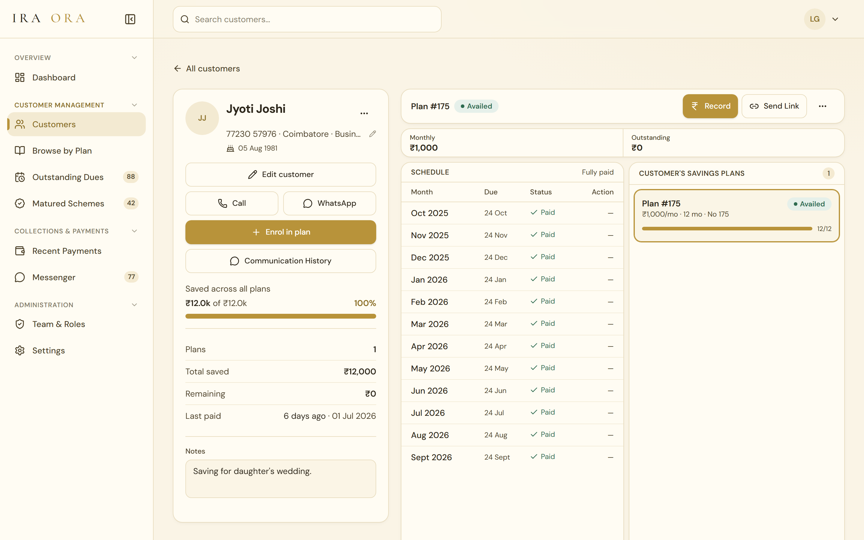 IRA ORA customer profile — plan progress, amount saved, the full month-by-month instalment schedule, and one-tap Call, WhatsApp and Record actions