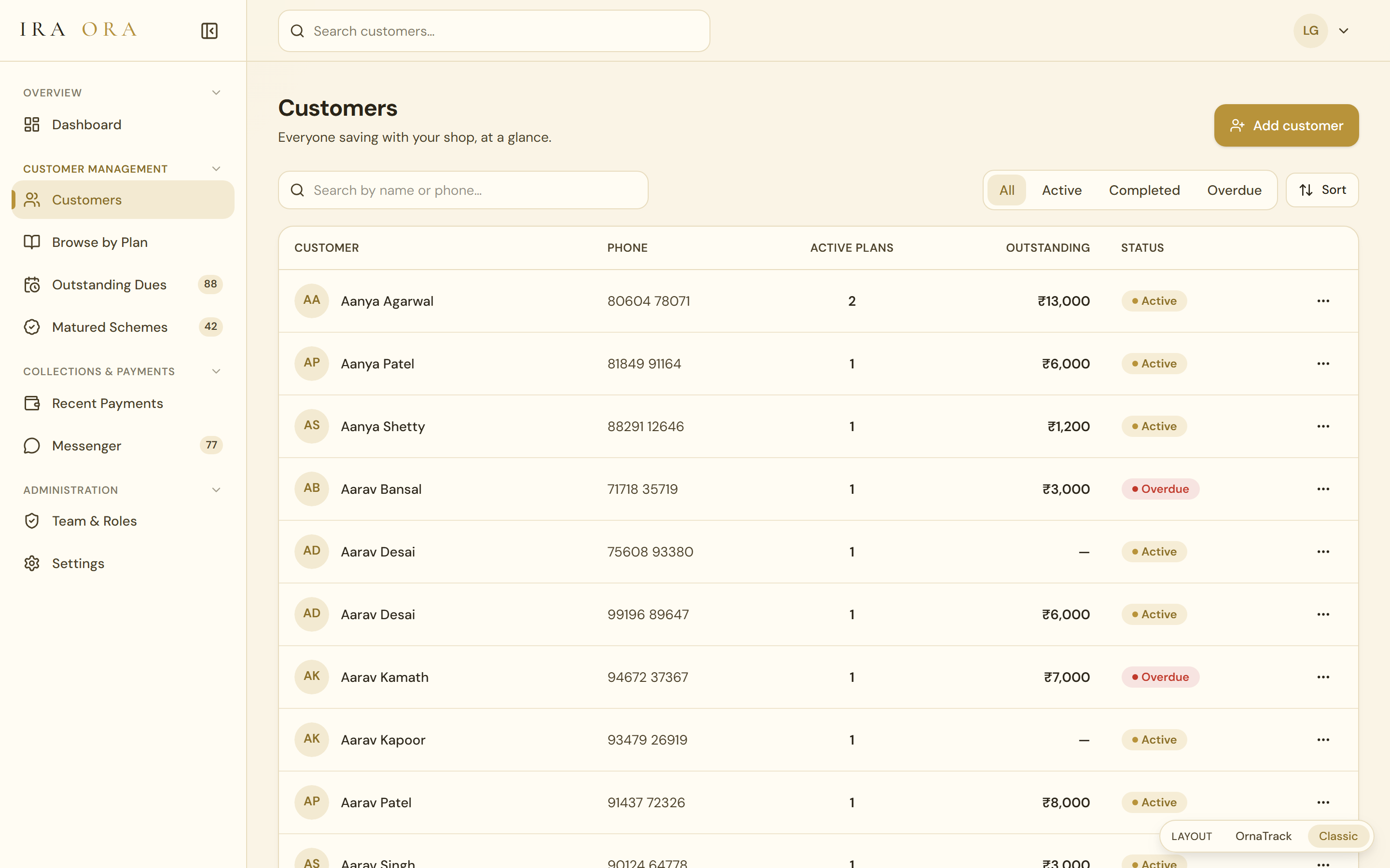 IRA ORA customers list — every saver with their phone, active plans, outstanding balance and Active/Overdue status, searchable and sortable
