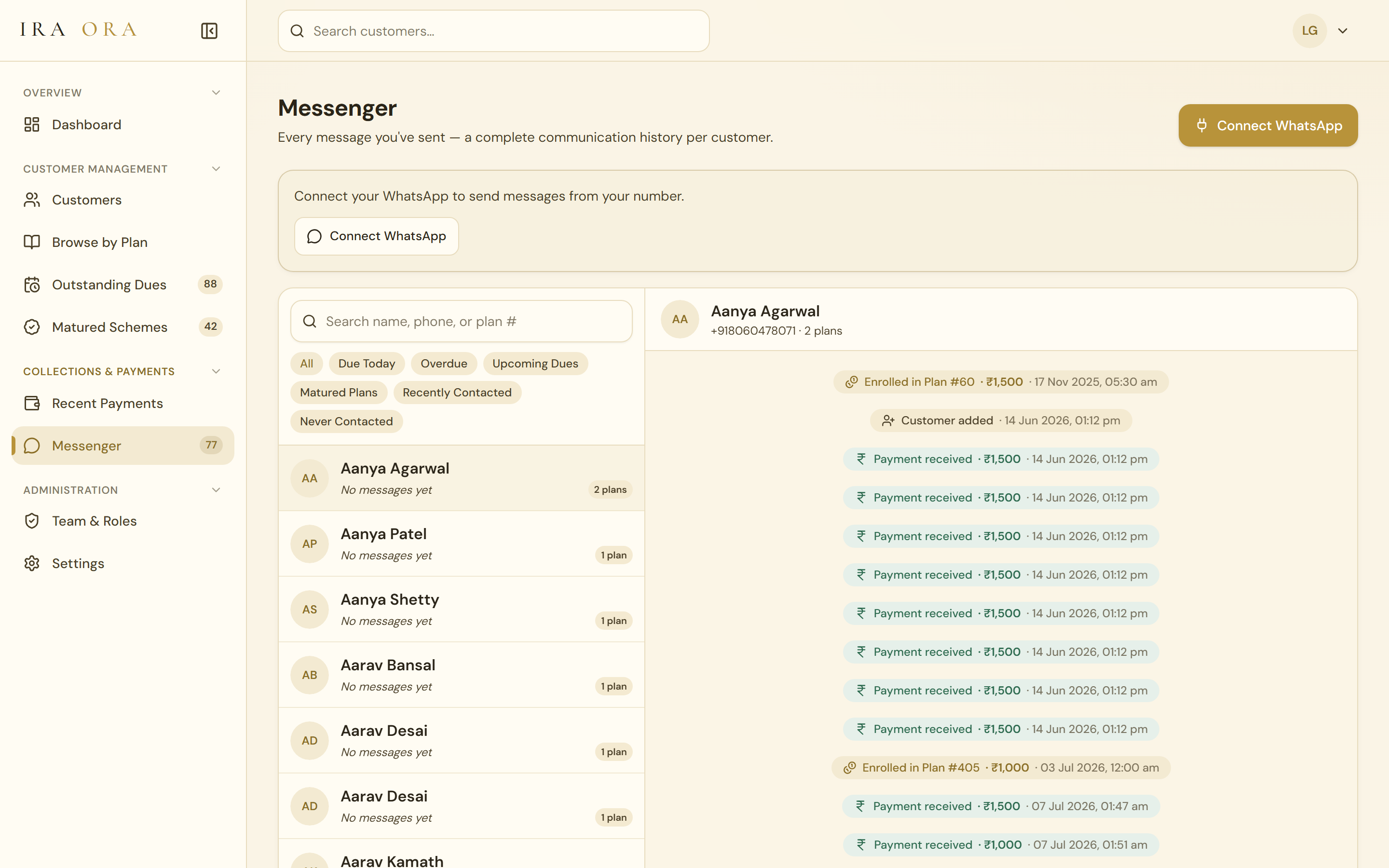 IRA ORA Messenger — a per-customer WhatsApp timeline threading enrolments, payments received and plan milestones, with segments for due-today, overdue and never-contacted